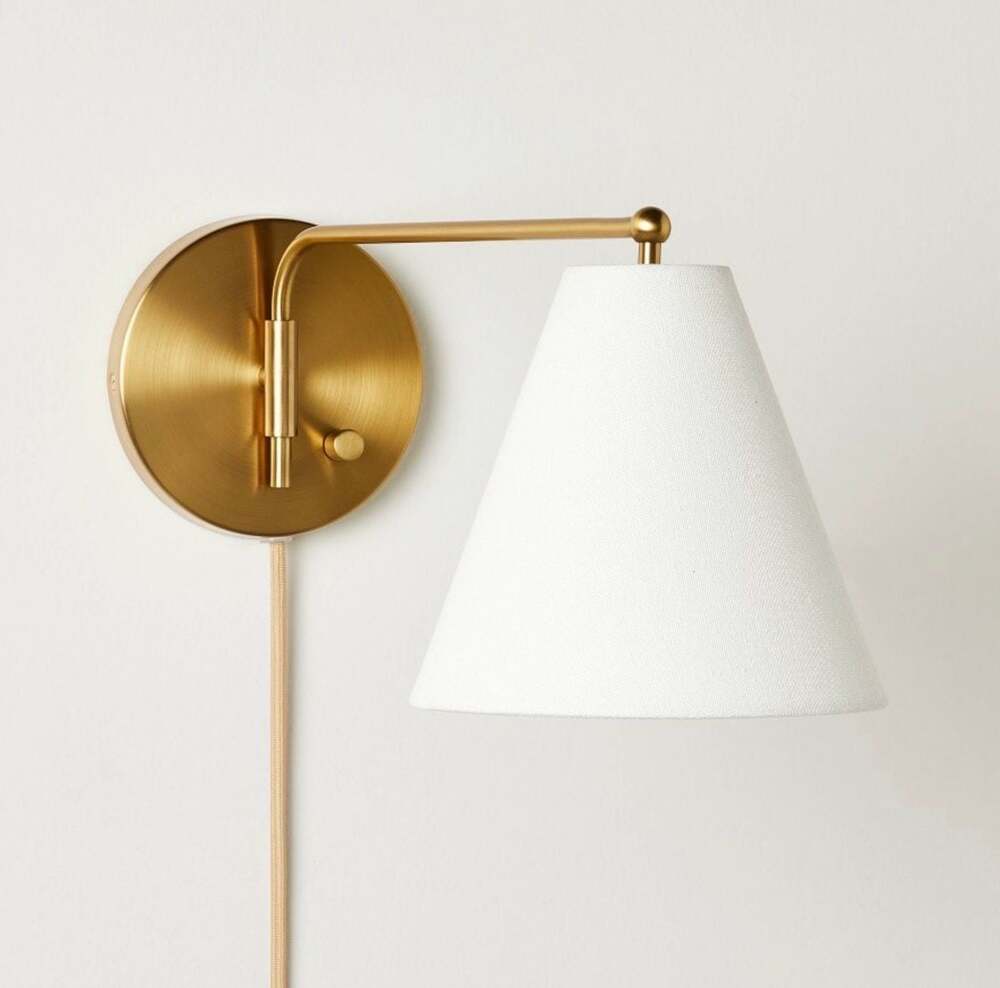 Threshold Brass Plug-In Wall Sconce with White Fabric Shade